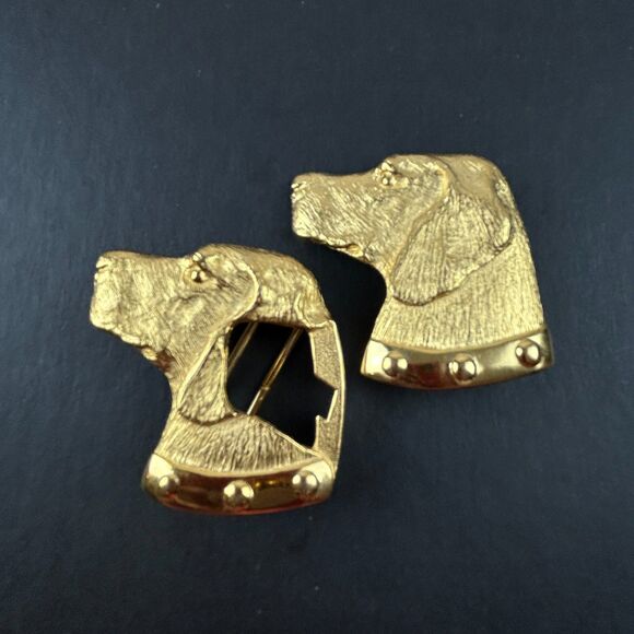 Vintage Double Dog Head Labrador Paquette Belt Buckle Gold Tone Signed 2 Piece main image 9